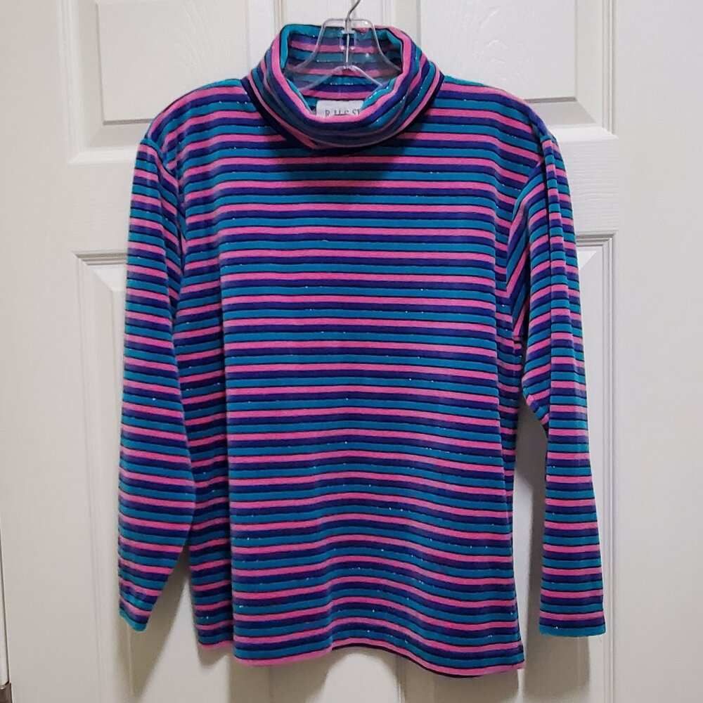 Colorful Striped Velour Turtleneck Glittery Holiday Top